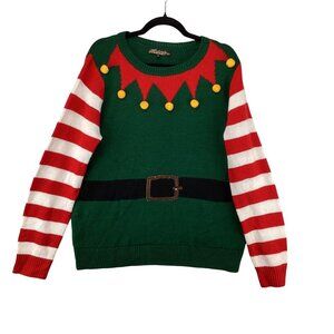 Absolutely Famous Christmas Elf Sweater L Acrylic Green Red Stripe Festive Holid